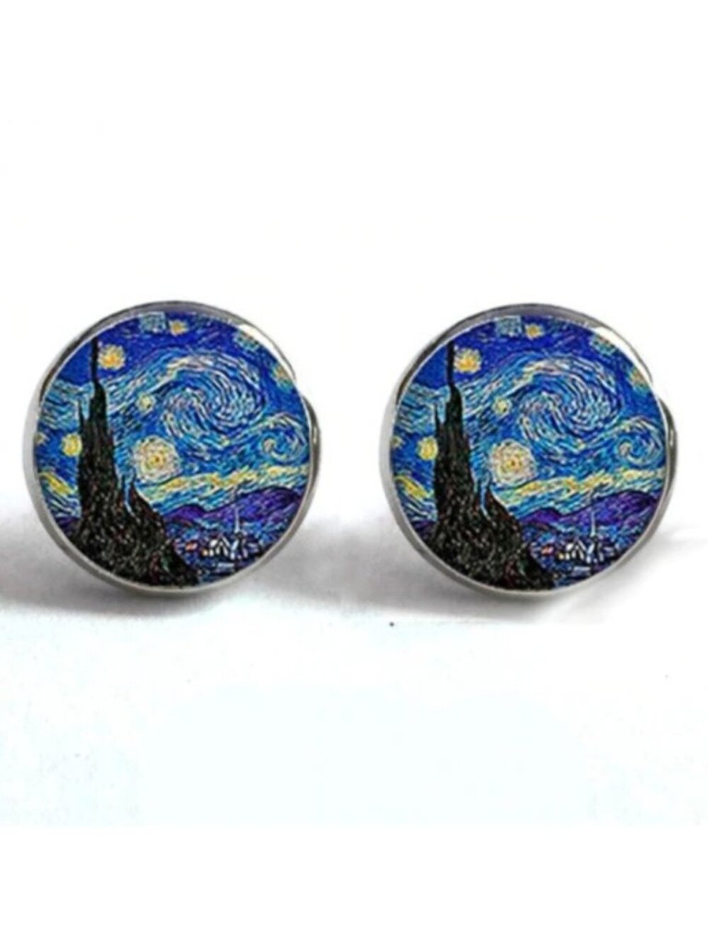 Blue Van Gogh Starry Night Small Round Silver Stud Earrings
